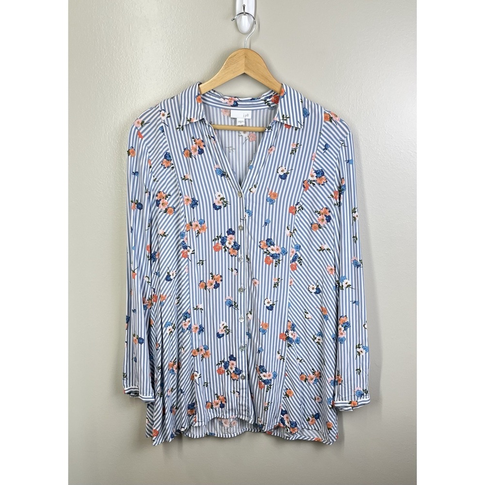 J Jill Women Blue Striped Floral Collared Long Sleeve Rayon Tunic Blouse Sz M
